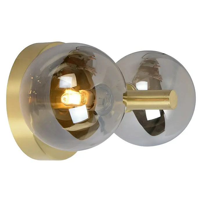 Lucide Tycho Wandleuchte - 56 W, L x B x H: 12 x 12 x 22 cm, Gold, G9 - Die elegante Wandleuchte mit zwei Glaskugeln in Rauchglas-Optik und goldenen Akzenten sorgt für stimmungsvolle Beleuchtung im Raum.
