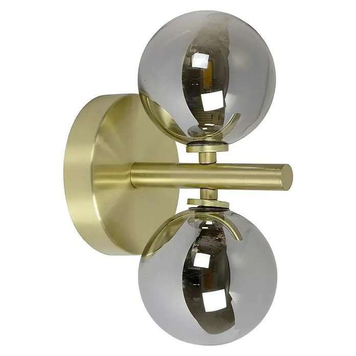 Lucide Tycho Wandleuchte - 56 W, L x B x H: 12 x 12 x 22 cm, Gold, G9 - Eine Nahaufnahme einer Wandleuchte mit zwei kugelförmigen, rauchfarbenen Glasschirmen und einem goldenen Messinggestell.