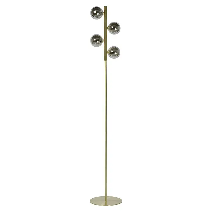 Lucide Tycho StehleuchteHöhe: 154 cm, Gold - Elegante Stehlampe mit goldenem Gestell und vier kugelförmigen Lampenschirmen, die ein warmes und modernes Ambiente schaffen.