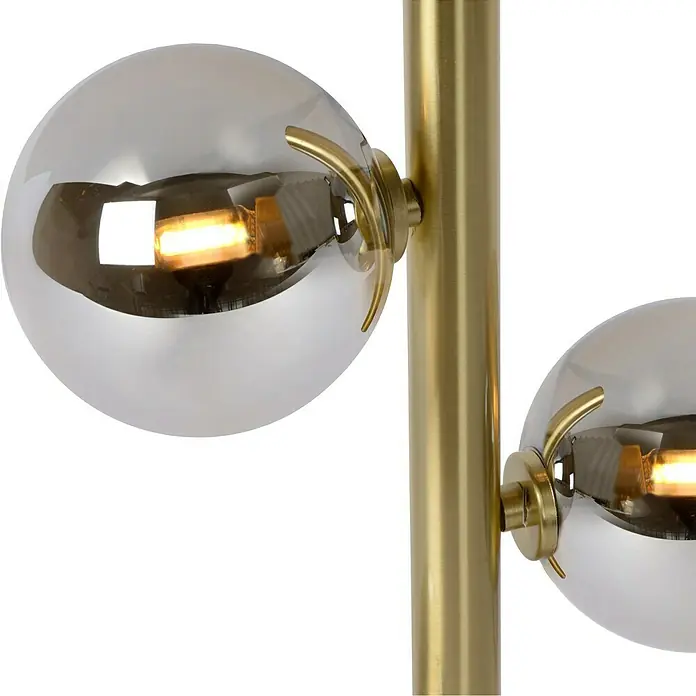 Lucide Tycho Stehleuchte - Höhe: 154 cm, Gold - Nahaufnahme einer stilvollen Stehlampe mit silbernen Kugelschirmen und goldenem Gestell.