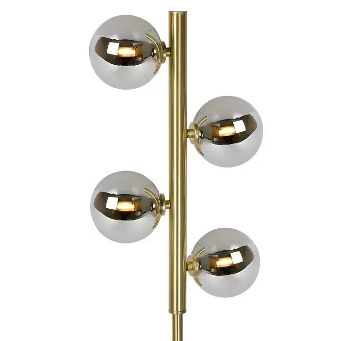 Lucide Tycho Stehleuchte - Höhe: 154 cm, Gold - Messing-Stehlampe mit vier Rauchglas-Kugeln und beleuchteten Glühbirnen.