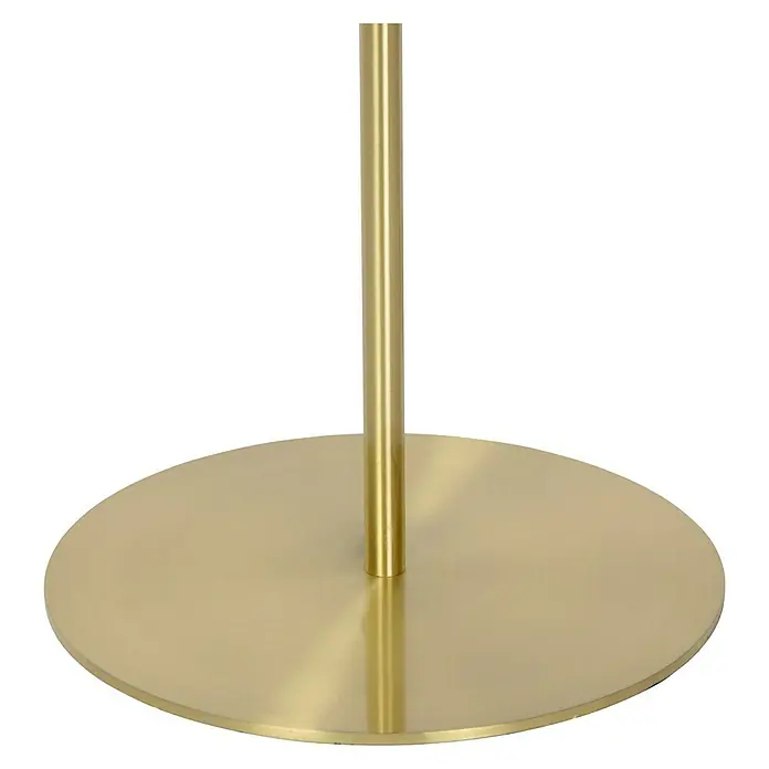 Lucide Tycho Stehleuchte - Höhe: 154 cm, Gold - Nahaufnahme eines goldenen Stehlampenfußes mit einem schlanken, zylindrischen Schaft auf einer runden Basis vor schwarzem Hintergrund.
