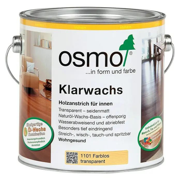 Osmo Klarwachs - 2,5 l, Farblos - Dose Osmo Klarwachs Holzöl für den Innenbereich. Transparent, seidenglänzend, wasserabweisend und abriebfest für eine gesunde Wohnumgebung.