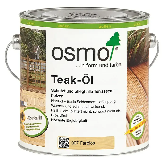 Osmo Teak-Öl Seidenmatt 007 - 2,5 l - Dose Osmo Teak-Öl für den Außenbereich. Schützt Terrassenhölzer, ist wasserabweisend und verhindert Abblättern. Farbe: Farblos 007.