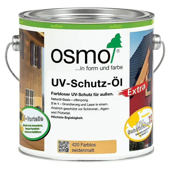 Osmo UV-Schutz-Öl Extra 420 - Farblos, 2,5 l, Seidenmatt - Dose Osmo UV-Schutz-Öl für den Außenbereich. Schützt Holz vor UV-Strahlung, Schimmel und Algen. Für langanhaltend schöne Oberflächen.