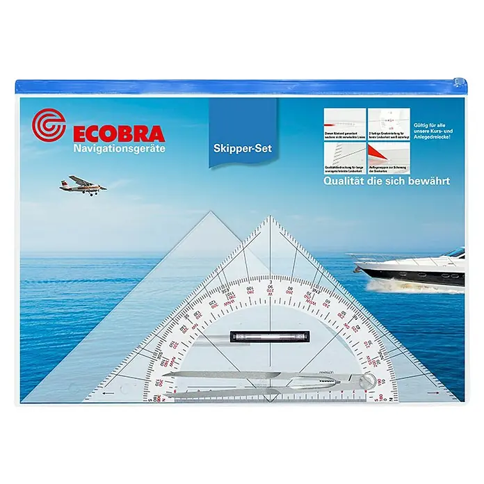 Navigations-Zeichenset - 3 -tlg. - Die ECOBRA Navigationsgeräte Skipper-Set Packung mit Kursdreiecken und Anlegedreiecken für die Navigation auf See.