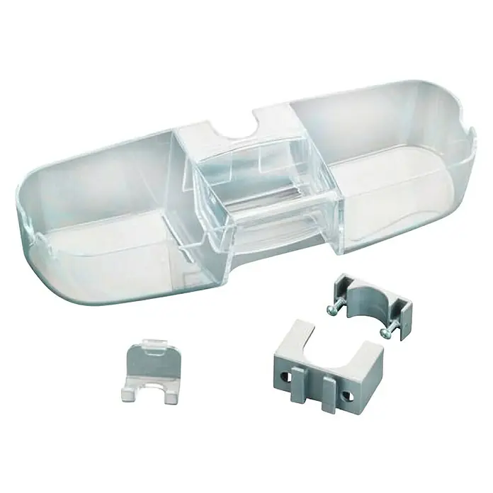 Wenko Duschablage - L x B x H: 36 x 12 x 7,5 cm, Kunststoff - Die Abbildung zeigt einen transparenten Organizer mit Fächern und Zubehörteilen, ideal zur Aufbewahrung verschiedener Utensilien.