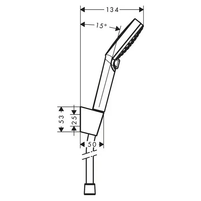 Hansgrohe Crometta Brause-Set 100 Vario - Anzahl Strahlarten: 2 Stk., Durchmesser Handbrause: 10 cm, Chrom - Technische Zeichnung einer Handbrause mit Maßangaben, die Details zu Größe und Winkel des Produkts zeigen.