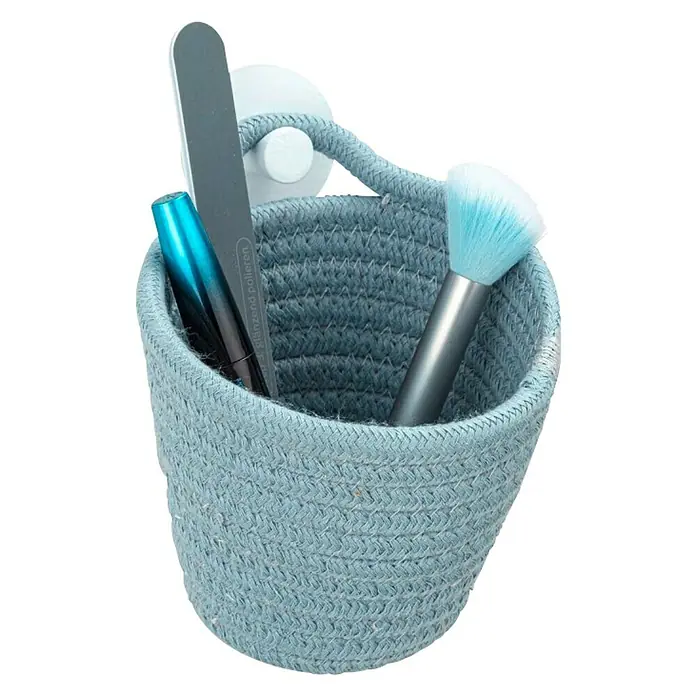 Wenko Ablagekorb Soria - 14,5 x 12,5 x 12 cm, Polyester, Blaugrau - Hellblauer hängender Aufbewahrungskorb aus Seil mit Make-up-Pinseln und Nagelfeile, ideal für Badezimmerutensilien.