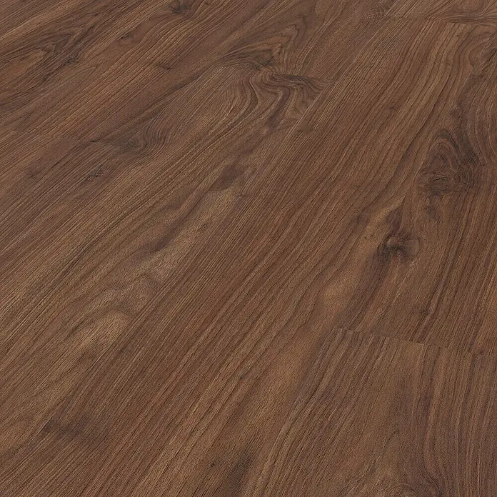LOGOCLIC Silentos Laminatmuster Nussbaum Belfort297 x 192 x 9 mm, Landhausdiele - Nahaufnahme von dunklem Laminatboden mit realistischer Holzstruktur für ein stilvolles, warmes Ambiente.