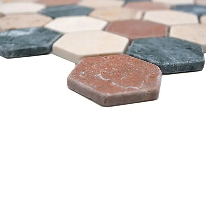 Mosaikfliese Hexagon Mix MOS HXN RND - 29,8 x 30,5 cm, Creme/Beige/Rot/Grün, Matt - Mehrfarbige hexagonale Mosaikfliesen aus Naturstein verleihen jedem Raum einen Hauch von Eleganz und rustikalem Charme.