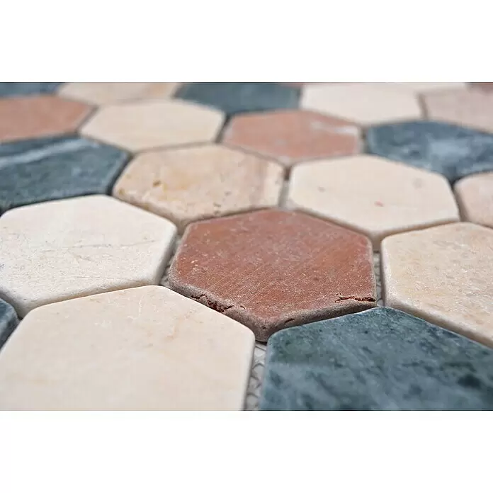 Mosaikfliese Hexagon Mix MOS HXN RND - 29,8 x 30,5 cm, Creme/Beige/Rot/Grün, Matt - Detailaufnahme