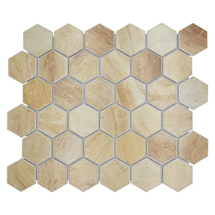 Mosaikfliese Hexagon CTR HX31CM - 32,5 x 28,1 cm, Beige, Matt - Beige sechseckige Mosaikfliesen, ideal für eine stilvolle und moderne Raumgestaltung mit natürlicher Marmoroptik.