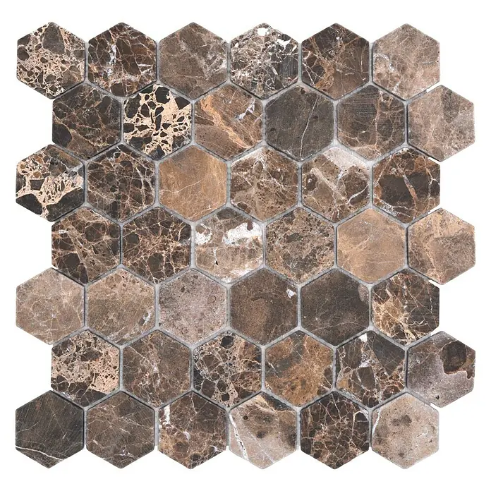 Mosaikfliese Hexagon MOS HXN 476 - 29,8 x 30,5 cm, Braun, Matt - Nahaufnahme eines Musters aus sechseckigen Marmorfliesen in verschiedenen Brauntönen, die ein elegantes Mosaik bilden.