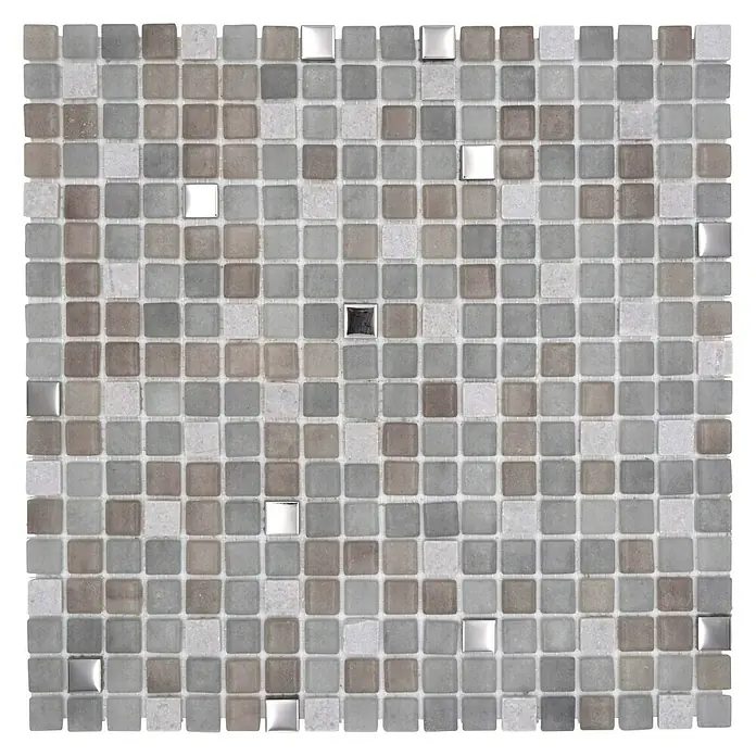 Mosaikfliese Quadrat Crystal Mix LOPE 04AN - 30 x 30 cm, Grau, Glänzend - Quadratische Fliesenmatte mit einem Mosaik aus grauen, beigen und silberfarbenen Glaselementen.