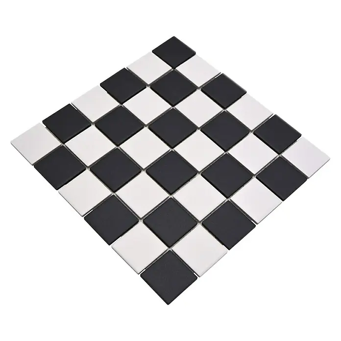 Mosaikfliese Quadrat Mix SAT 348 - 29,8 x 29,8 cm, Schwarz/Weiß, Matt - Schachbrettmuster-Fliesen: Eine Schwarz-Weiß-Fliesenanordnung in Rautenform, ideal für stilvolle Boden- und Wandgestaltungen.