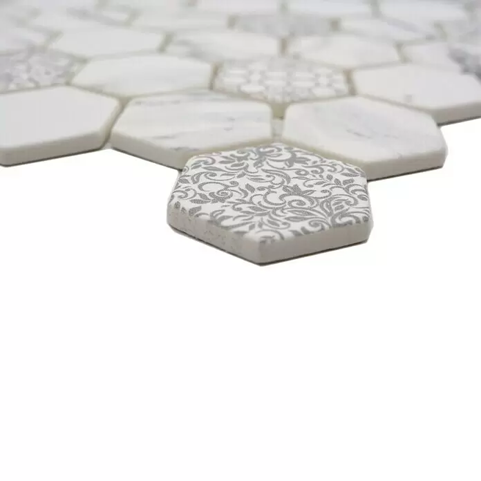 Mosaikfliese Hexagon Mix EMILY HX65 - 32,4 x 28 cm, Grau/Weiß, Matt - Detailaufnahme