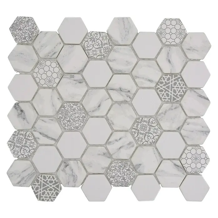 Mosaikfliese Hexagon Mix EMILY HX65 - 32,4 x 28 cm, Grau/Weiß, Matt - Sechseckige Mosaikfliese mit Marmor-, Dekor- und Uni-Elementen für ein stilvolles und vielseitiges Design in jedem Raum.