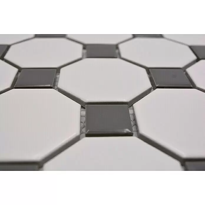 Mosaikfliese Octagon Octa G469 - 29,5 x 29,5 cm, Weiß/Grau, Matt - Weiße achteckige und graue quadratische Keramikmosaikfliesen bilden ein klassisches geometrisches Muster.