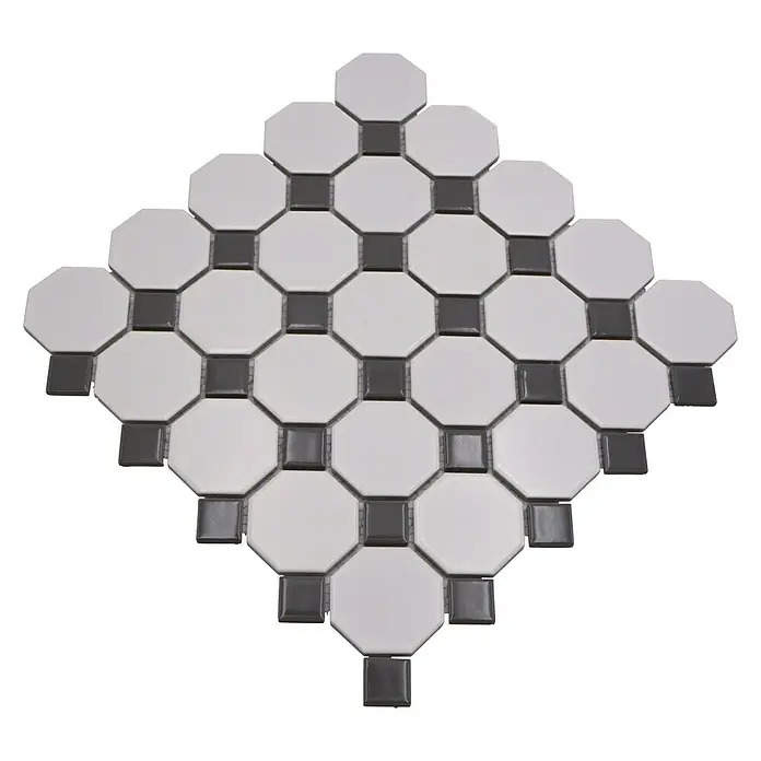 Mosaikfliese Octagon Octa G469 - 29,5 x 29,5 cm, Weiß/Grau, Matt - Detailaufnahme eines Mosaikfliesenmusters mit achteckigen weißen und quadratischen grauen Fliesen, ideal für stilvolle Innenräume.
