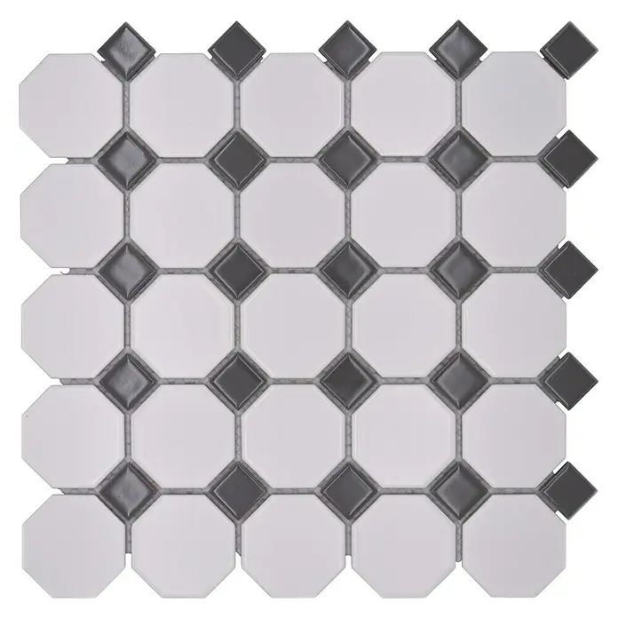 Mosaikfliese Octagon Octa G469 - 29,5 x 29,5 cm, Weiß/Grau, Matt - Nahaufnahme eines quadratischen Mosaiks aus weißen und grauen achteckigen Fliesen, die ein geometrisches Muster bilden.