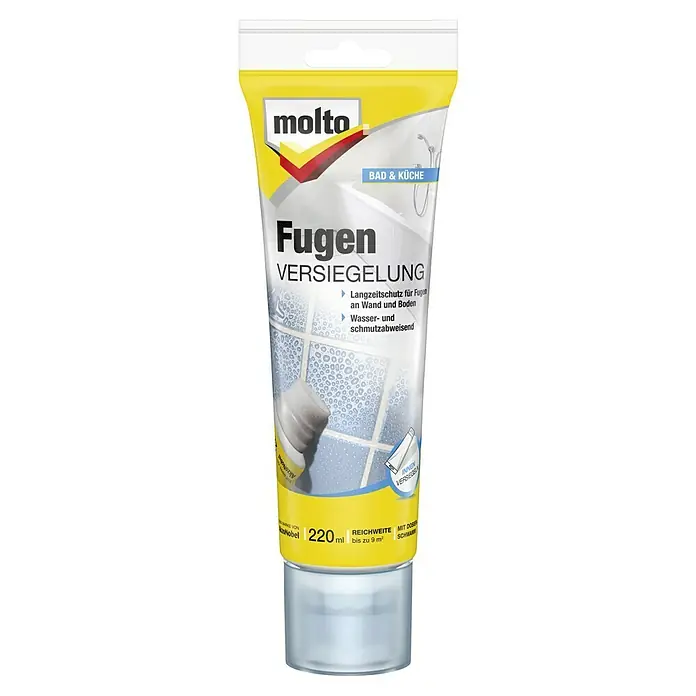 Molto Fugenversiegelung mit DosierschwammFarblos, 22 ml - Bild einer Tube Molto Fugen Versiegelung für Bad & Küche, bietet Langzeitschutz und ist wasser- und schmutzabweisend.
