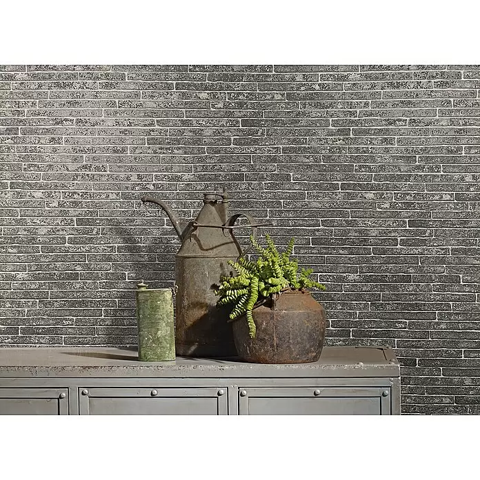 Marburg Sand & Stones Vliestapete Steinmauer I - Dunkelgrau, Steinoptik, 10,05 x 0,53 m - Strukturierte graue Ziegelwand mit hellem Mörtel für eine rustikale und industrielle Ästhetik.