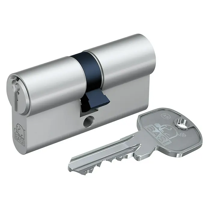 Basi Profilzylinder AS - Baulänge innen: 40 mm, Baulänge außen: 45 mm, Material Zylinder: Messing, Profilschlüssel - Ein BASI-Doppelzylinder mit Schlüssel in Silberoptik, ideal für Sicherheit und Schutz Ihres Zuhauses.