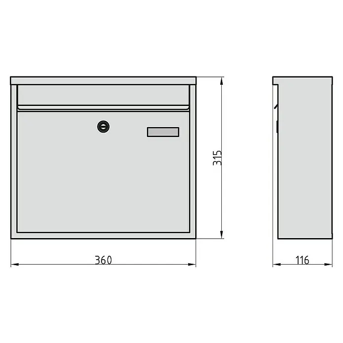 Basi Wandbriefkasten BK 360 M - L x B x H: 11,6 x 36 x 31,5 cm, Anthrazit, Stahl, Namensschild - Abbildung eines Briefkastens mit den Maßen 360x315x116 mm. Ideal für den sicheren Empfang Ihrer Postsendungen.
