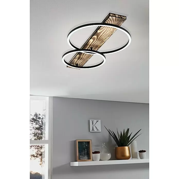 Eglo Boyal Plafón LED - 24 W, 78 x 40 x 9 cm, Madera/Claro, Blanco cálido, Número de bombillas: 2 ud. - Lámpara de techo moderna con viga de madera oscura y dos anillos LED negros superpuestos.