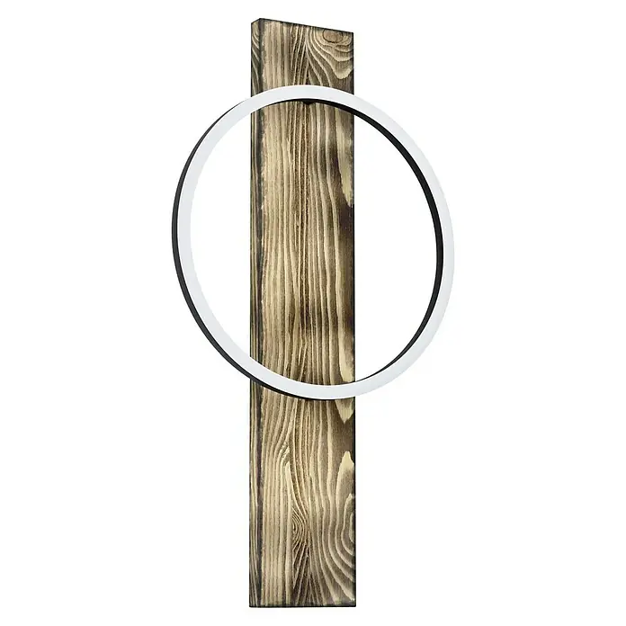 Eglo Boyal LED-Wandleuchte - 12 W, Holz/Klar, Warmweiß - Stilvolle Wandleuchte mit einem Holzsockel und einem kreisförmigen, weißen Lampenschirm, die eine moderne und warme Beleuchtung bietet.