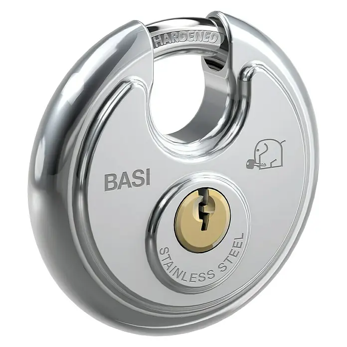 Basi Diskusschloss RVS 610B x H: 70 x 70 mm, Bügelstärke: 9,5 mm, Edelstahl - Edelstahldiskusschloss von BASI mit gehärtetem Bügel und Zylinder. Das ideale Sicherheitsschloss für den Innen- und Außenbereich.