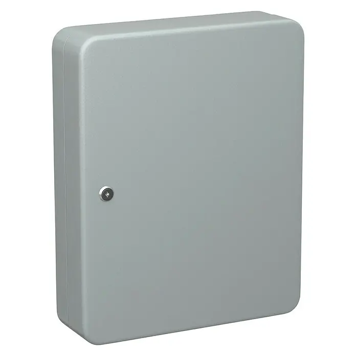 Basi Schlüsselkasten SK 50L x B x H: 65 x 150 x 115 mm, Anzahl Haken: 10 Stk. - Ein grauer Schlüsselschrank mit abgerundeten Ecken und einem Drehknopfschloss auf einer schwarzen Oberfläche für die sichere Aufbewahrung.