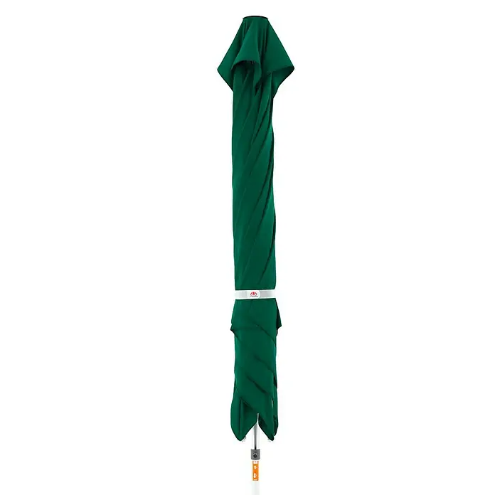 Doppler Alu Expert Marktschirm TeleskopDunkelgrün, L x B: 350 x 350 cm - Ein geschlossener, grüner Sonnenschirm. Der Schirm ist zusammengebunden und steht aufrecht.
