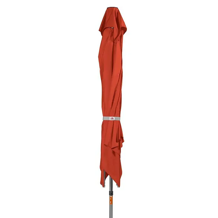 Doppler Alu Expert Marktschirm TeleskopTerracotta, L x B: 350 x 350 cm - Geschlossener, oranger Sonnenschirm mit einem grauen Band, der sich ideal für den Einsatz im Freien eignet und Schatten spendet.