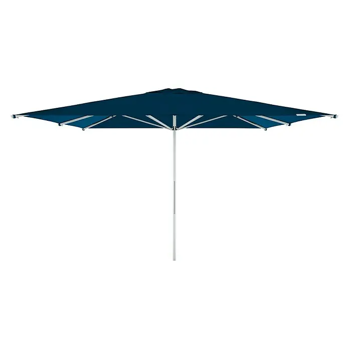 Doppler Alu Expert Marktschirm Teleskop - Dunkelblau, Bespannungsmaß (L x B): 350 x 350 cm - Dieser Artikel zeigt einen blauen Sonnenschirm mit einem robusten, weißen Ständer, ideal für sonnige Tage im Freien.