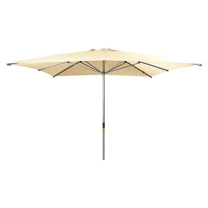 Doppler Alu Expert Marktschirm TeleskopNatur, L x B: 350 x 350 cm - Dieser Artikel zeigt einen quadratischen Sonnenschirm in Beige, der einen komfortablen und stilvollen Sonnenschutz im Freien bietet.