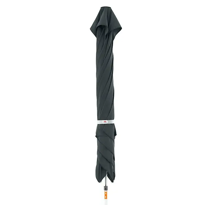Doppler Alu Expert Marktschirm TeleskopAnthrazit, L x B: 350 x 350 cm - Geschlossener, dunkelgrauer Sonnenschirm mit weißem Band, der einen eleganten Schattenplatz verspricht.