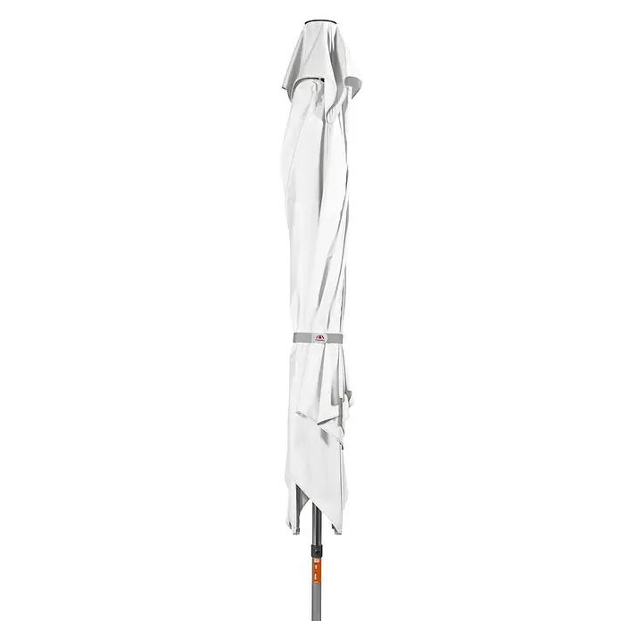 Doppler Alu Expert Marktschirm TeleskopWeiß, L x B: 350 x 350 cm - Geschlossener, weißer Sonnenschirm mit grauem Gurt und Ständer für den Außenbereich. Ideal für sonnige Tage im Garten oder auf der Terrasse.