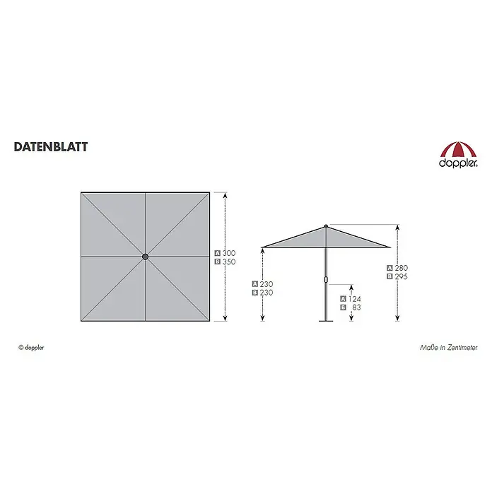 Doppler Alu Expert Marktschirm Teleskop - Terracotta, Bespannungsmaß (L x B): 350 x 350 cm - Schematische Darstellung eines Doppler Sonnenschirms mit Größenangaben.