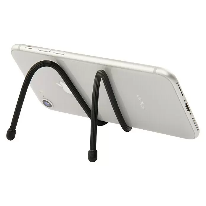 Nite Ize Kabelbinder Gear Tie - Schwarz, L x B: 221 x 8 mm, 2 Stk. - Silbernes iPhone liegt horizontal auf einem schwarzen flexiblen Smartphone-Ständer.