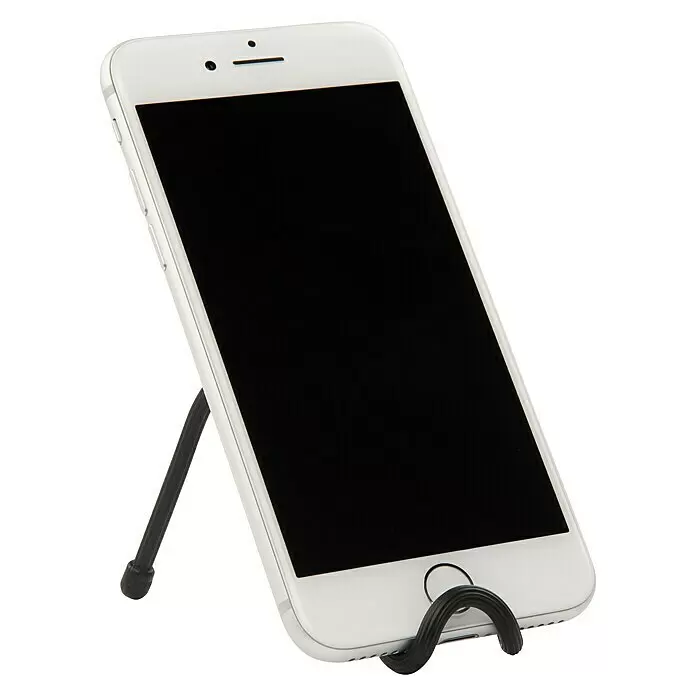 Nite Ize Kabelbinder Gear Tie - Schwarz, L x B: 221 x 8 mm, 2 Stk. - Weißes Smartphone mit schwarzem Bildschirm, aufrecht gehalten von einem schwarzen flexiblen Ständer.