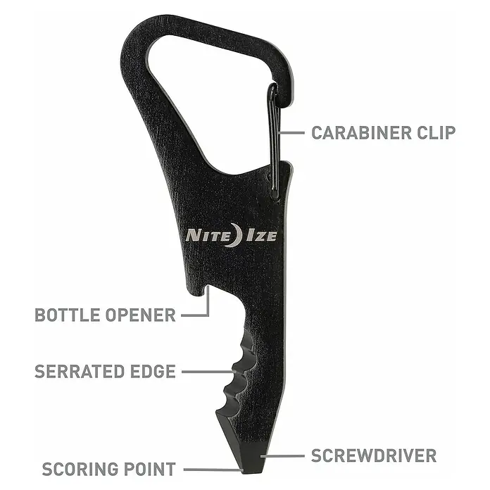 Nite Ize Multi-Tool DoohicKey ClipKey - Schwarz - Abgebildet ist ein schwarzes Nite Ize Werkzeug mit Karabiner, Flaschenöffner, Wellenschliff, Schraubendreher und Spitze.
