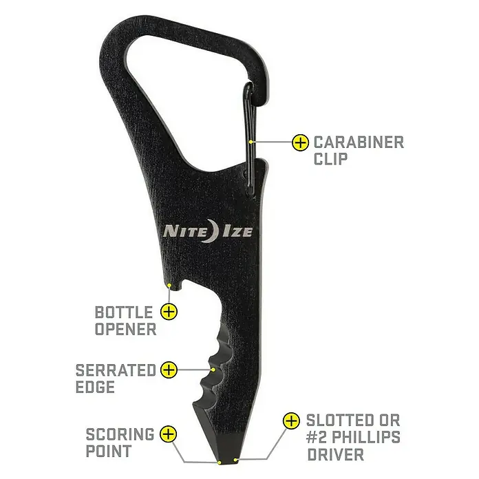 Nite Ize Multi-Tool DoohicKey ClipKey - Schwarz - Eine Nahaufnahme eines Nite Ize Utility Tools mit Karabinerclip, Flaschenöffner, Wellenschliff, Schneidepunkt und Schraubendreher.
