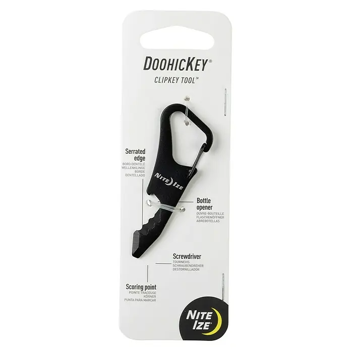 Nite Ize Multi-Tool DoohicKey ClipKey - Schwarz - Nahaufnahme des Nite Ize DoohicKey Clipkey Tool mit Beschriftungen für seine Funktionen, wie Schraubendreher und Flaschenöffner.