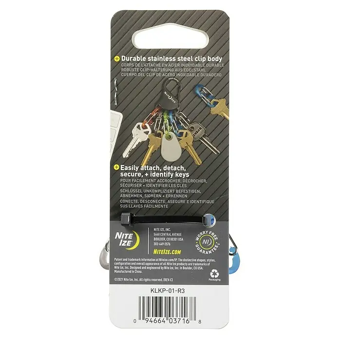 Nite Ize Mosquetón KeyRack - L x An: 12 x 2 mm, Acero inoxidable - Embalaje de Nite Ize KeyRack, mostrando un mosquetón para conectar, desconectar y asegurar llaves fácilmente.