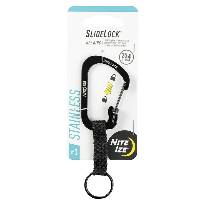 Nite Ize Karabinerhaken Slidelock Key Ring - Edelstahl, Schwarz - Nahaufnahme eines Nite Ize SlideLock Schlüsselanhängers aus Edelstahl mit Karabiner und Schlüsselring.