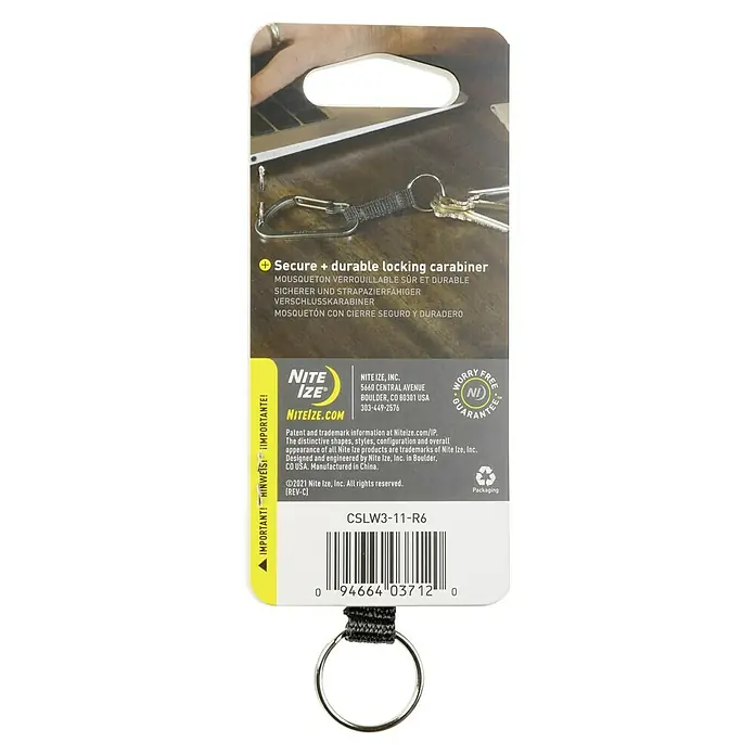 Nite Ize Karabinerhaken Slidelock Key Ring - Edelstahl, Silber - Verpackung der Nite Ize CSLW3-11-R6 mit Karabiner zur sicheren Befestigung von Schlüsseln und anderen Gegenständen.