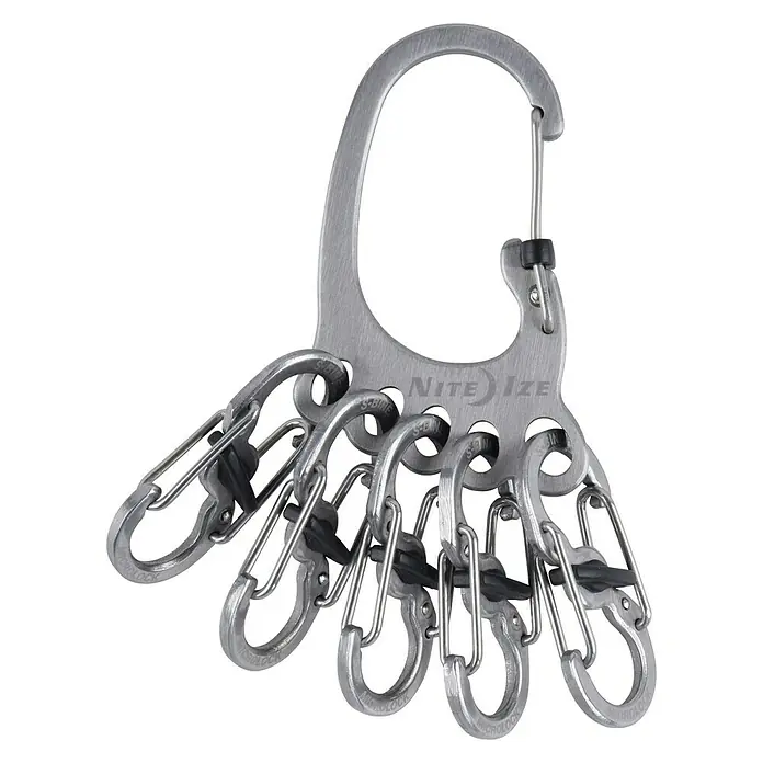Nite Ize Karabinerhaken BigFoot Locker KeyRack - L x B: 140 x 20 mm, Edelstahl - Ein Nite Ize KeyRack mit sechs MicroLock S-Binern aus Edelstahl, ideal zur Organisation und zum schnellen Wechseln von Schlüsseln.