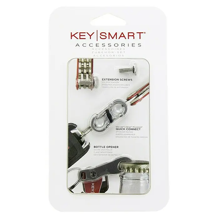 Nite Ize Karabinerhaken Set Keysmart Accessoire-Kit - Edelstahl - Eine KeySmart Zubehörpackung, die Erweiterungsschrauben, einen Quick Connect-Karabiner und einen Flaschenöffner enthält.